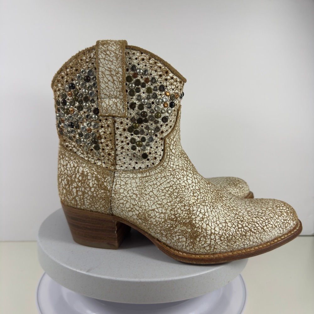 FRYE Deborah Studded Boots Womens Short Cowboy Western Crackle Gold Leather 7 M - Picture 5 of 15